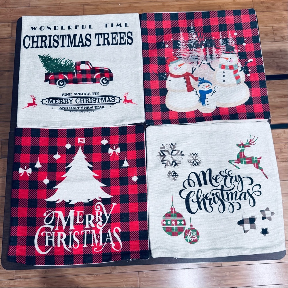 Holiday Pillow Covers Red/Black Buffalo Check and Cream Burlap Covers (Set of 4)